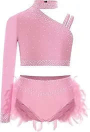 [Loodgao] Kids Girls Dance Outfits 2-Piece Rhinestones Crop Top and Ruffles Feather Skirt Set Dancewear Costume