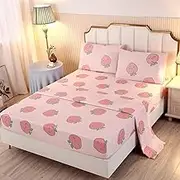 sdy 4PCS Peaches Bedding Sheets, Kawaii Pink Peach Print Sheet Set with 1 Cute Deep Pocket Fitted Sheet & 1 Top Flat Sheet & 2 Pillowcases for Kids Girls Boys (Peach,Queen)