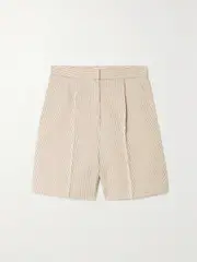 [Max Mara] Max Mara - Zampino Pleated Striped Cotton And Silk-blend Shorts - Camel - UK 2 UK 2 Brown