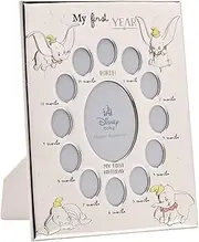 Disney – Dumbo – Real Silver-Plated 12 Aperture Photo Frame Rectangular 'My First Year' – Made in Italy – Officially Licensed Disney Merchandise – Self-Standing Wood Back - Early Years, Nursery, Kids.