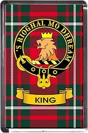 King Clan Tartan Fridge Magnet with Scottish Clan Crest on Clear Acrylic Base