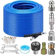 100FT Sewer Jetter Kit for Pressure Washer, 5800PSI Drain Cleaner Hose 1/4 Inch NPT Corner, Rotating Button Nose Jetting Nozzle Pearl Corsage Pin Spanners, Blue