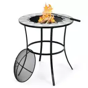 23.5 Inches Round Fire Pit Table with Mesh Cover and Fire Poker - Color: Black