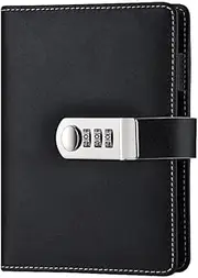 A6 Journal with Lock, Refillable Binder PU Leather Diary Password Notebook with Pen Holders and Card Slots, Code Lock Diary for Men Women, Black