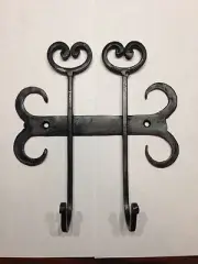 Country Farmhouse Iron Rustic Black Hanger with Two Hooks Scrolls And Hearts