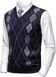 [Herothorn] Men's Business West Sleeveless Sweater Vest Slim Fit Knitted Vest Argyle V-Neck Pullover Vest Autumn Winter Wool Vest for Men