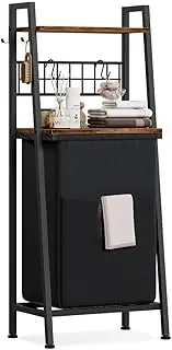[Furnulem] 2 Tiers Laundry Hamper with Wooden Shelf and Hooks, Vertical Laundry Basket with Pull-Out and Removable Bag, Clothes Hamper with Divided Bag for Bathroom, Bedroom, Dorm