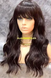 FULL WIG LONG WAVY LAYERED BANGS MEDIUM BROWN #4 HEAT OK NWT