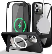 Cavor for iPhone 11 Case 6.1'' 360° Full Body Protective Case with Kickstand and Built-in Screen Protector Clear TPU PC Bumper Support Magsafe Charging Shockproof Phone Cover-Black