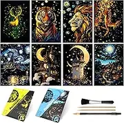 8-Sheet Glow in the Dark Scratch Art Rainbow Painting Paper Kit | Engraving Craft Night View Scratchboard for Teens and Adults | DIY Creative Sketching Card | ASMR Stress Relief (Castles/Animals A5)
