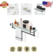 Elegant 20-Inch Black Floating Glass Shelf with Stainless Steel Towel Bar