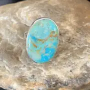 Blue Kingman Turquoise Oval Navajo Sterling Silver Ring Size 8 Adjustable 12800