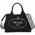 PRADA 普拉達 CANVAS 條紋背帶 徽標印花單寧帆布手提/斜背托特包(黑色)