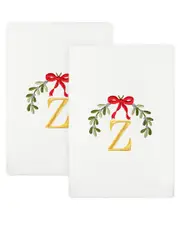 Linum Home Textiles Set of 2 Christmas Mistletoe Monogram Embroidered Luxury Turkish Cotton Hand Towels (A-Z)