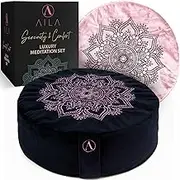 Aila Meditation Set - Velvet Zafu Meditation Cushion Floor Pillow with Round Yoga Mat + Spare Cushion Cover, Deluxe Yoga Bundle Gift Set, Total Comfort Meditation Pillows for Sitting on Floor