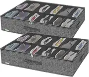 Friday Monkey Sturdy Closet Under Bed Shoe Organizer Set of 2 (Fit 12+12 Pairs), Foldable Underbed Shoe Storage Box Bin with Zippers & Handles, Organizador De Zapatos, Linen-like Black, ZMXAUBSB2P