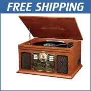 Vintage Mahogany 6-in-1 Record Player with Bluetooth, CD, and Cassette Features