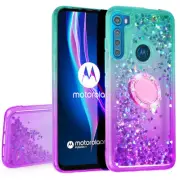 Moto One Fusion Case Hybrid Liquid Glitter Bling Phone Cover + Temper Glass
