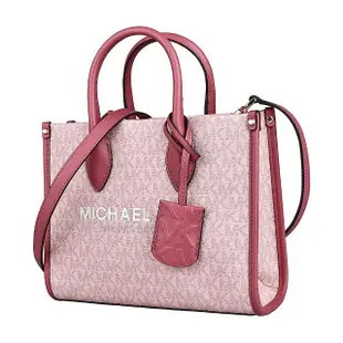 【Michael Kors】MK MICHAEL KORS MIRELLA字母LOGO印花PVC滾邊牛皮拉鍊手提斜背托特包(小/淺粉紅x深粉紅)