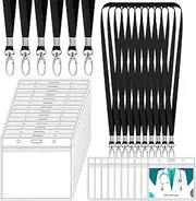 Glarks 50Pcs Name Tags ID Card Holders with Black Lanyard Kit, Clear Plastic Horizontal Name Tags Badge ID Card Holders and Lanyards with Clip Swivel Hooks for Factory Worker, Students, Office Worker
