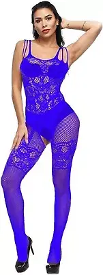 Fishnet One Piece Blue Body Stocking Open Crotch Design Women's One Size