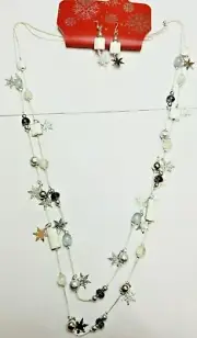Kohl's Women's Silver Tone Christmas Necklace & Earrings Strands W Snowflakes