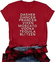 [HEBBE] Merry Christmas Dasher Dancer Shirt Prancer Vixen T-Shirt with Funny Saying Women Casual Short Sleeve Tee Tops