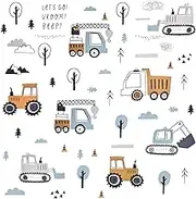 3 Sheets Wall Stickers for Children's Room - Car Construction Vehicles, Tractor, Digger, Truck, Crane - Removable for Wall, Window, Bedroom, Baby Room, Nursery