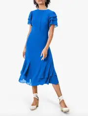 Oasis women NWT Tiered Sleeve Pintuck Midi Dress size 16 Blue short sleeve braid