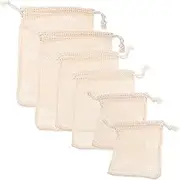 Ciieeo 6Pcs Cotton Drawstring Bags Reusable Food Storage Pouches for Fruits and Vegetables Cotton Mesh Bags Various