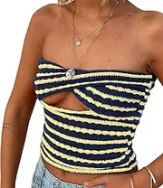 [Meladyan] Women Twist Front Striped Cutout Knitted Crop Tube Top Bandage Strapless Sleeveless Bandeau Cropped Shirt