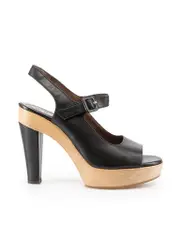 Black Leather Wood Platform Sandals