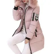 Women Winter Cotton Coat Thickened Padded Stuffed Hooded Mid Length Windproof Warm Zipper Pockets Zip Up Long Sleeve Solid Color Slim Fit Lady pink...