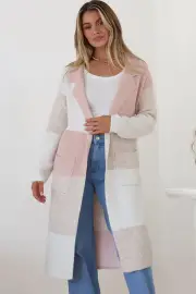 Cassidy Cardigan - Open Front Long Colour Block Cardigan with Pockets in Pink