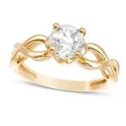 6.5mm White Topaz Solitaire Petal Frame Twist Shank Ring in Solid 10K Yellow Gold