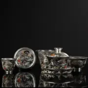 Ceramic Tea Set Silver Gaiwan Matching Pitcher Tea Cup Holder Dragon Print New