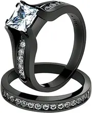 [Marimor Jewelry] 2.10 Ct Princess Cut Zirconia Black Stainless Steel Wedding Ring Set Womens Size 5-10