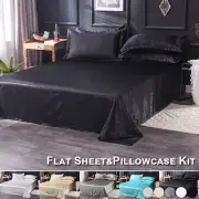 Summer Satin Silk Full Flat Sheet Bed Sheets & Pillow Case Queen King Size Home