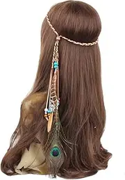 Feather Headband Hippie Indian Boho Hair Bands Tassel Bohemian Halloween Hair Hoop Women Girls Crown Hairband Party Decoration Headdress Cosplay Costume Headwear Headpiece Hair Accessories Peacock