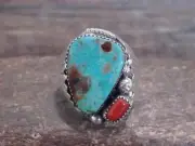 Native American Sterling Silver Turquoise & Coral Ring - Signed Thomas Jr - S...