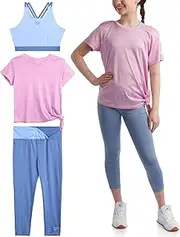 [Reebok] Girls' Active Leggings Set - 3 Piece Mesh Shirt, Capri Leggings, and Crop Cami Sports Bra - Summer Activewear (7-12)