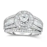 1.25 CT. T.W. Natural Diamond Starburst Frame Multi-Row Bridal Engagement Ring Set in Solid 14K White Gold
