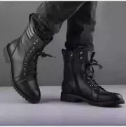 Black Handmade Military Boots, Men's Punk Combat Boots, Ankle Boots For Men 7-17