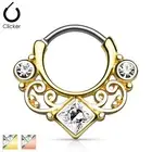 Lace Swirl with Square CZ Gold IP Surgical Steel Nose Septum Ring Clicker 16g