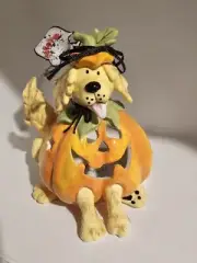 Blue Sky Clayworks Ceramic Dog In Pumpkin Costume Tea Light Candle Holder