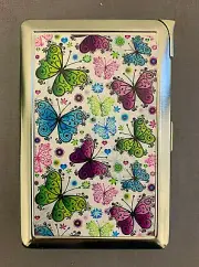 Colorful Butterfly Art Cigarette Case with Built in Lighter Metal Wallet SP