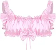 [FEESHOW] Men's Sissy Lingerie Wire-Free Bra Top Satin Ruffled Wide Shoulder Vest Bikini Tank Top