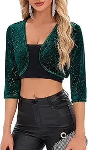 [Wealywa] Women's Shrug Cropped 3/4 Sleeve Front Open Velvet Silver Cardigan Sprinkled Elegant High End Party Top