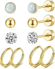 [Generic] 5 Pairs Women Earring Sets for Multiple Piercing,14K Gold Plated Dainty Small Hoop Huggie Earrings, Lightweight Cartilage Earrings,Silver Tiny Stud Earrings CZ Flat Back Earrings for Helix Hypoallergenic