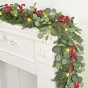 Waipfaru Christmas Decorations, 5.9FT Christmas Garland with Lights, Prelit Lighted Christmas Greenery Cedar Garland Cypress for Home Table Mantel Stair Railing Indoor Outdoor Xmas Decor